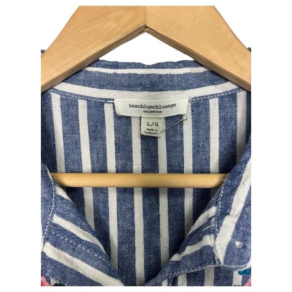 Beach Lunch Lounge Dress Womens L Linen Striped Shirt Embroidered Floral Blue - Picture 4 of 12